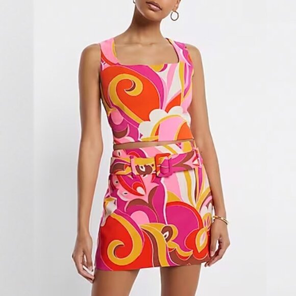 NWT Express High Waisted Retro Paisley Belted Mini Skirt - Picture 2 of 10